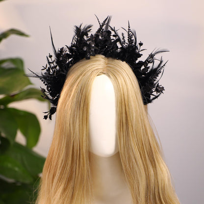 MOSTORY Black Flower Halo Crown - Handmade Gothic Floral Headband with Feather for Women Witch Goth Wedding, Dark Halo Headband for Renaissance Cosplay Photo Shoot