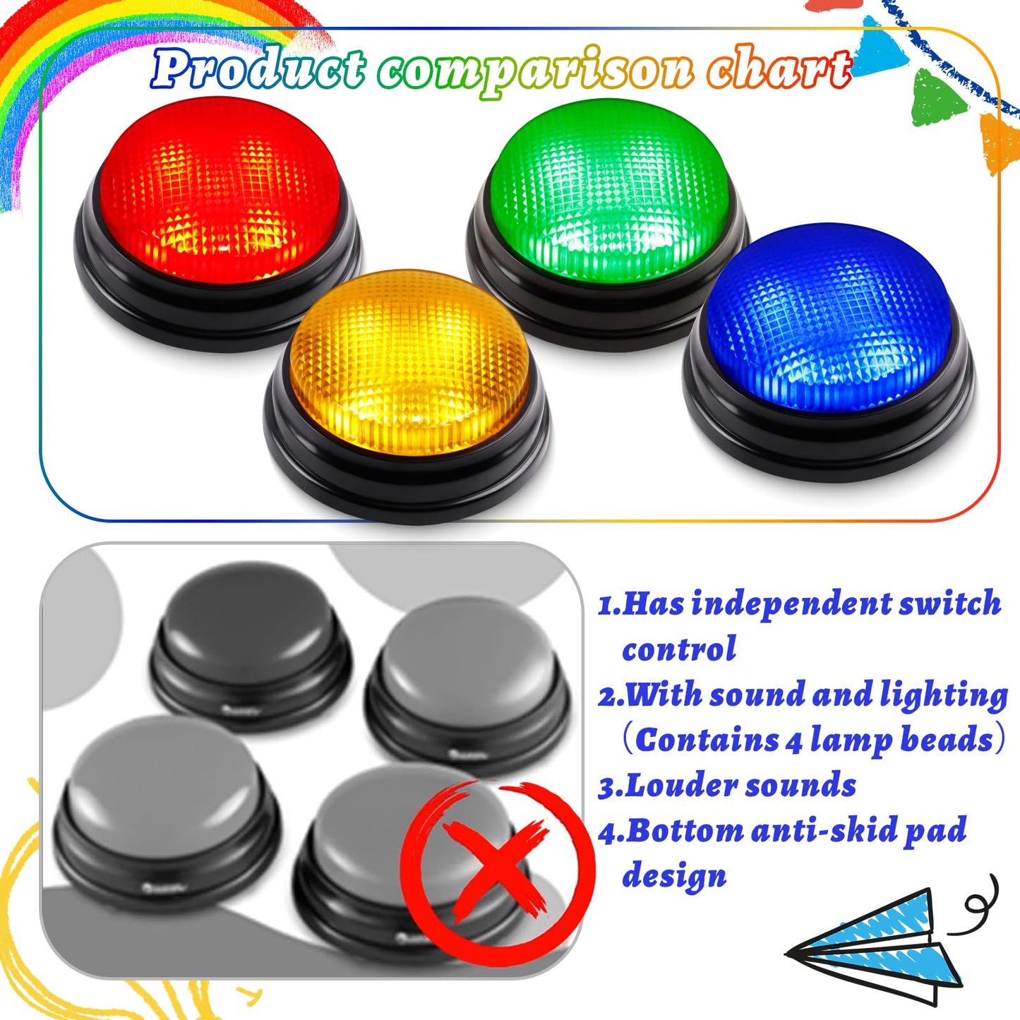 BEAN LIEVE 8-Pack Game Buzzers with 4 Colors & 4 LED Lights Brighter, Portable Answer Buzzers for Classroom Family Game Night Party Trivia, Light Up Buzzer Buttons for Family Feud Jeopardy Style Games