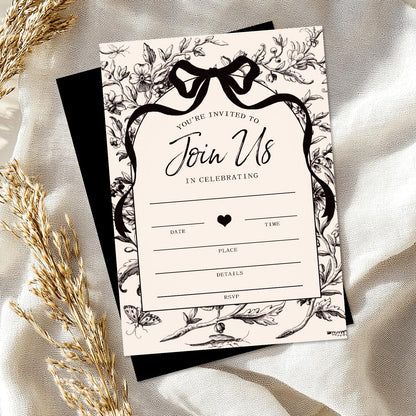 Whaline 25 Pack Black Bow Floral Invitations with Envelopes Stickers Vintage Bowknot Flower Invitation Cards Blank Invites for Coquette Celebration Party Supplies, 5 x 7 Inch