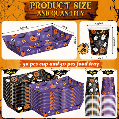 Acellegic 100 Pcs Halloween Paper Disposable Tableware Paper Food Trays Serving Boats Snack Food Container 9 oz Pumpkin Ghost Bats Disposable Cups Black Purple Halloween Party Supplies Kit