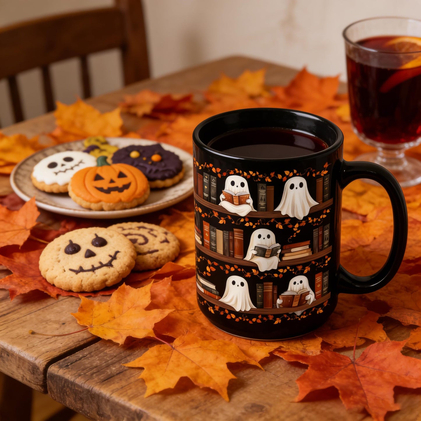 BORULEEY Halloween Cute Ghost Reading Coffee Mug, 15 oz Black Ceramic Tea Cup, Spooky Book Mug for Book Lovers & Readers, Novelty Fun Festive Bookish Gift for Women, Friends & Coworkers