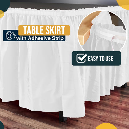 Exquisite White Table Skirt 6 Pack - Disposable Plastic Table Skirts for Rectangle Tables 6ft 8ft & Round Tables - 29in x 14ft Self-Adhesive Strip - Birthday Wedding Gender Reveal Decor