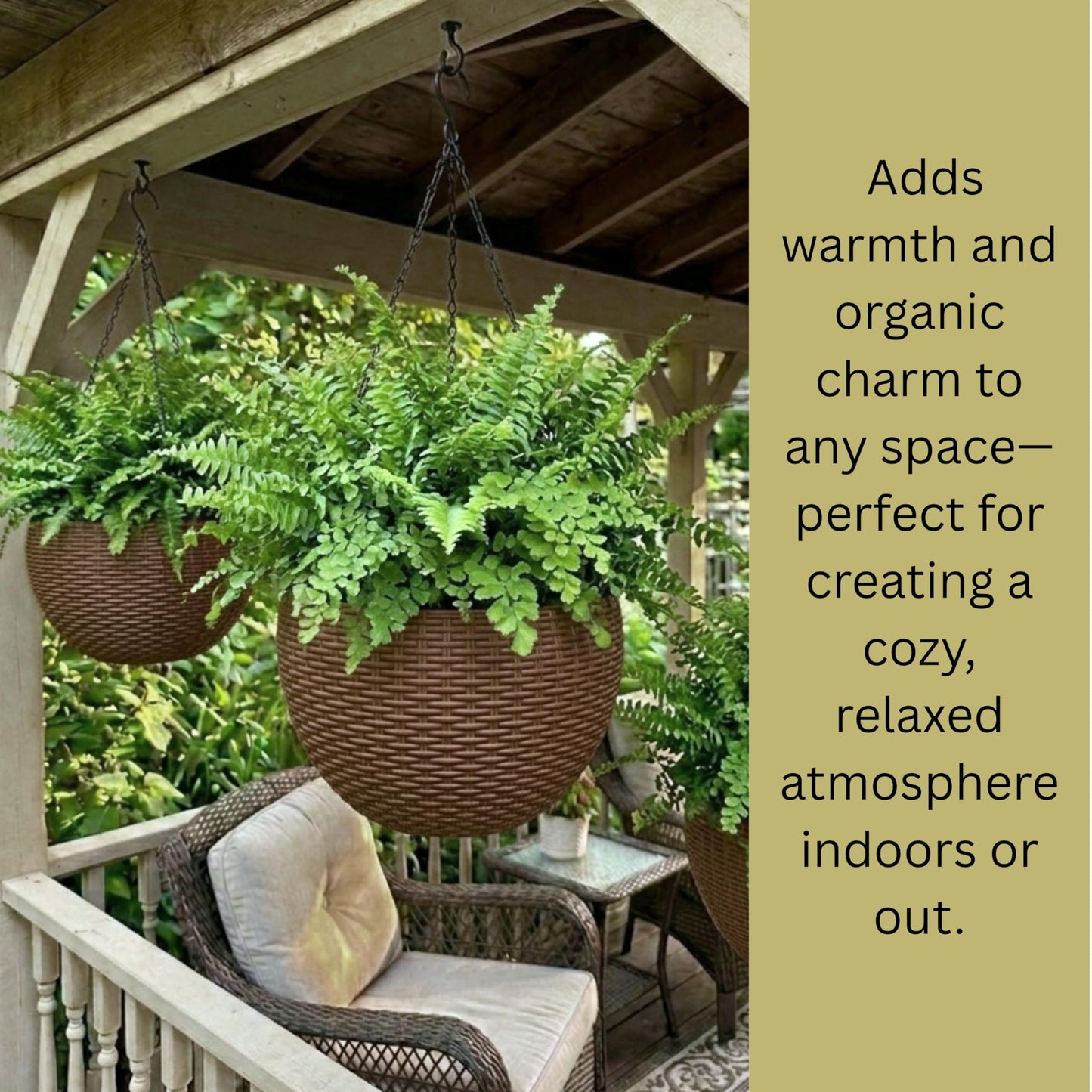 LaLaGreen Bundle- 4 Pack, 11 Inch Brown + 2 Pack, 11 Inch White Self Watering Hanging Plant Pots Round Plastic Flower Baskets with Metal Chain Rattan Style Deck Balcony Decor Porch Patio Indoor Garden