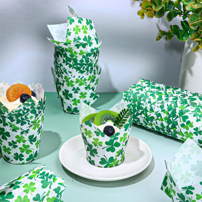 FYSUIMU 200Pcs St. Patrick's Day Tulip Cupcake Liners Green Shamrock Muffin Baking Cups Clover Cupcake Wrappers for Spring Irish Holiday Party Supplies