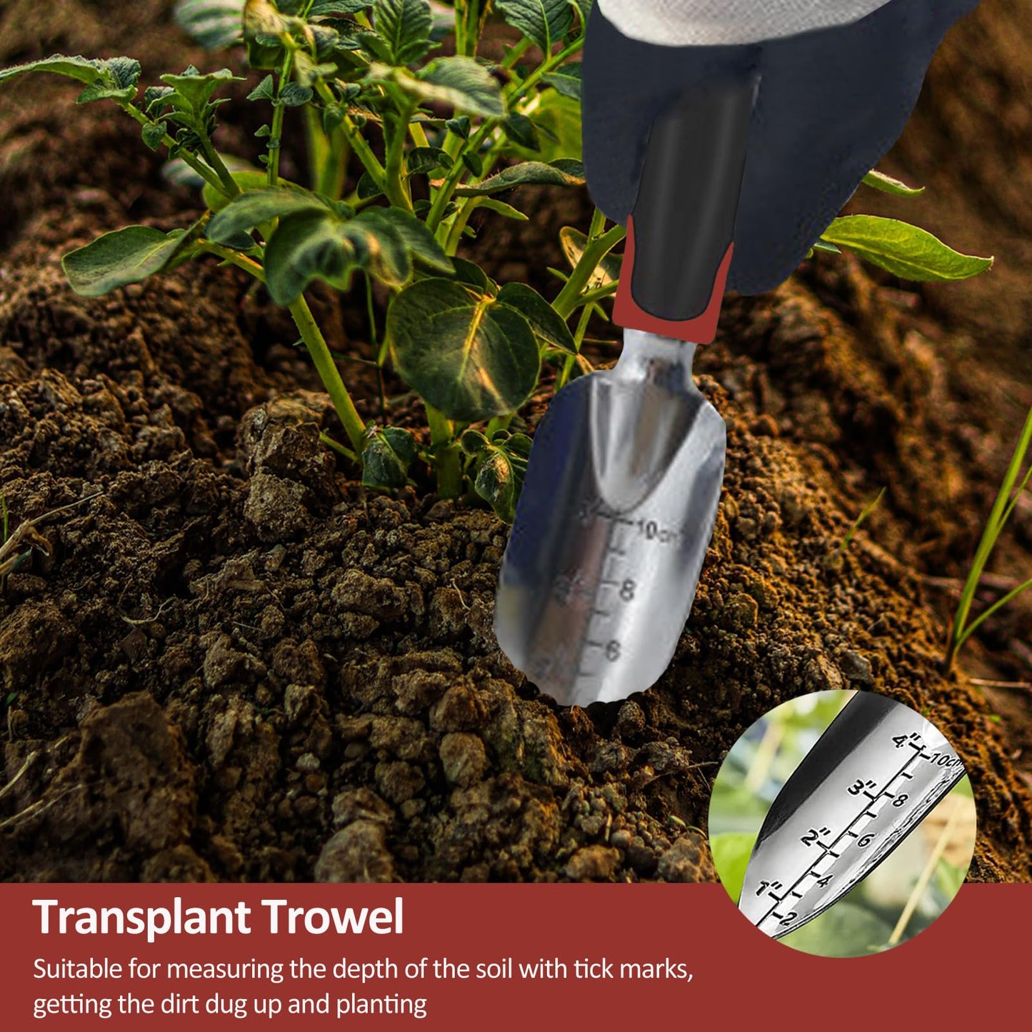 Garden Tool Set, 3 Piece Gardening Tools Includes Garden Trowel, Transplant Trowel and Hand Rake with Non-Slip Ergonomic Handle, Heavy Duty Garden Kit for Planting, Garden Gifts Red