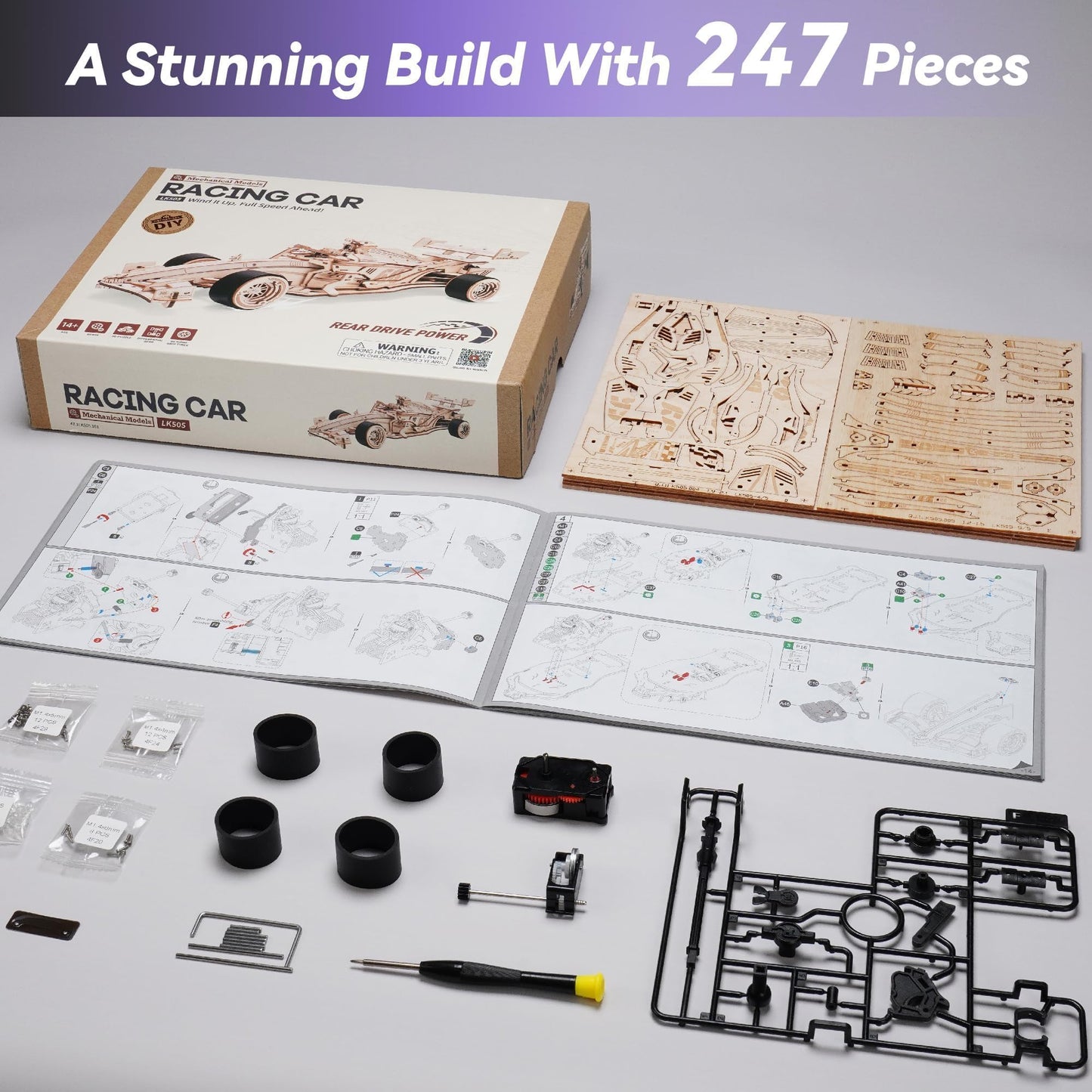 ROBOTIME 3D Puzzles for Adults, 1:18 Scale Wooden Formula Racing Car LK505, Wood Mechanical Model Car Kits to Build, Cool Crafts for Teens & Adults Project Kits Model Building Set