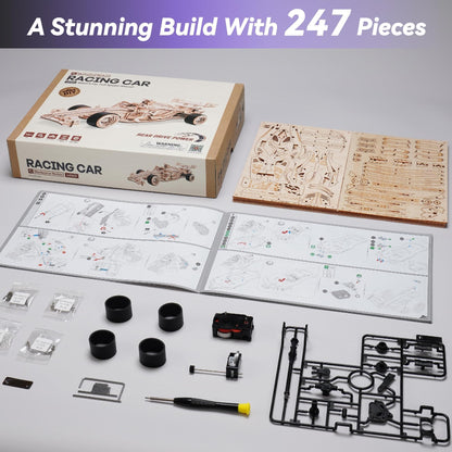 ROBOTIME 3D Puzzles for Adults, 1:18 Scale Wooden Formula Racing Car LK505, Wood Mechanical Model Car Kits to Build, Cool Crafts for Teens & Adults Project Kits Model Building Set