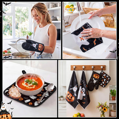 Fourluoo 10 Pcs Halloween Ghost Kitchen Decor Set Kitchen Rugs Dish Towels Oven Mitts and Pot Holders Set Ghost Decorations for Halloween Cooking Baking Grilling