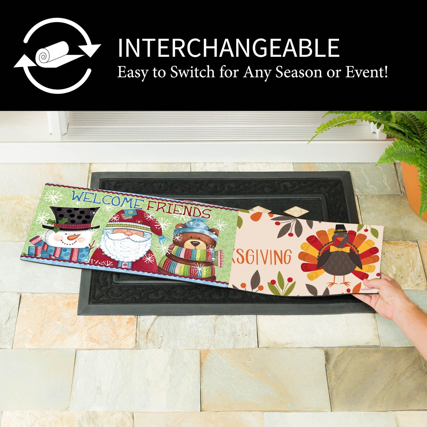 Evergreen Sassafras Fall Christmas Holiday Doormat Insert Bundle & Tray Set of 5, Interchangeable Entrance Door mats Indoor and Outdoor Welcome Mat 30 x 18 Tray Non Slip Backing Low Profile