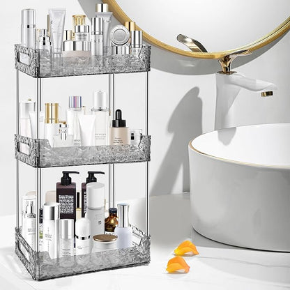 3-Tier Bathroom Counter Organizer Countertop Storage, Dresser Organizer Vanity Tray for Makeup, Perfume Organizer Cosmetics Skincare Shelf - Grey