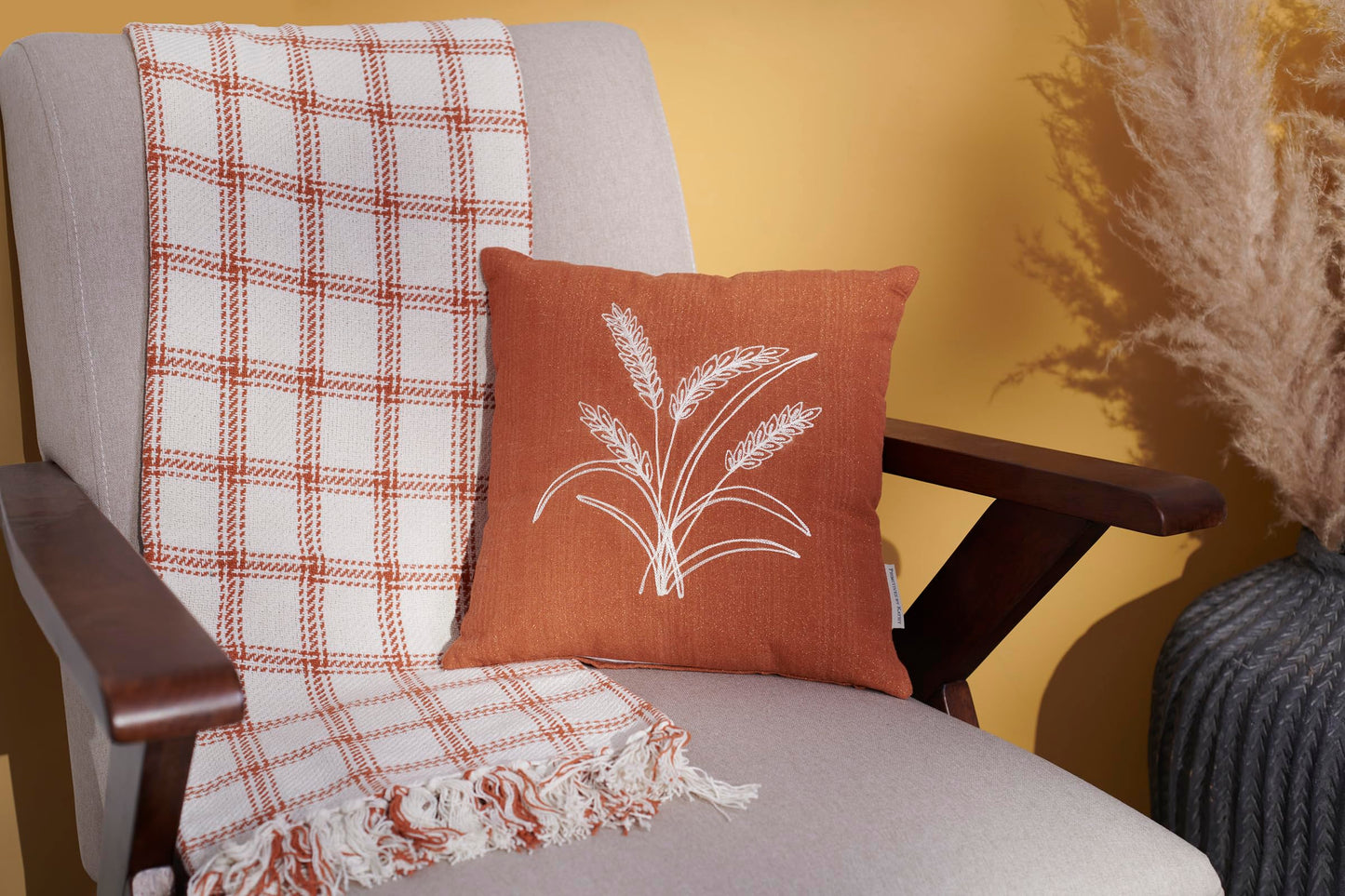 Primitives by Kathy Decorative Throw Pillow, Removable Zipper Cover, 16x16 Orange Pillow wth Harvest Wheat Stalk Design, Textured Chain Stitching, Seasonal Fall Accent for Home Office Dorm Gifting
