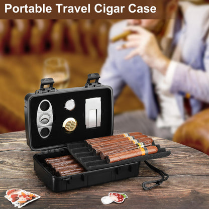 Kyrgyzst Travel Cigar Case Holds 10 Cigars, Portable Cigar Humidor includes Cigar Cutter, Humidifier, Hygrometer - Cigar Accessories Set for Men (Black)