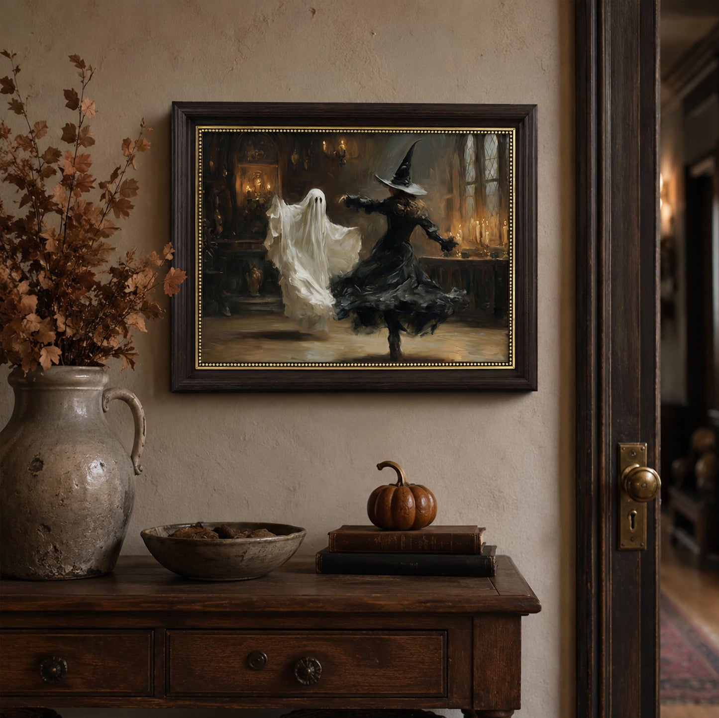 Vbaourut Framed Halloween Wall Art, Dancing Witch and Ghost Canvas Painting, Vintage Gothic Poster with Dark Brown Frame and Upgraded Hook and Loop for Living Room, 12x16 in