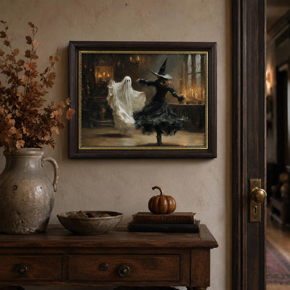 Vbaourut Framed Halloween Wall Art, Dancing Witch and Ghost Canvas Painting, Vintage Gothic Poster with Dark Brown Frame and Upgraded Hook and Loop for Living Room, 12x16 in