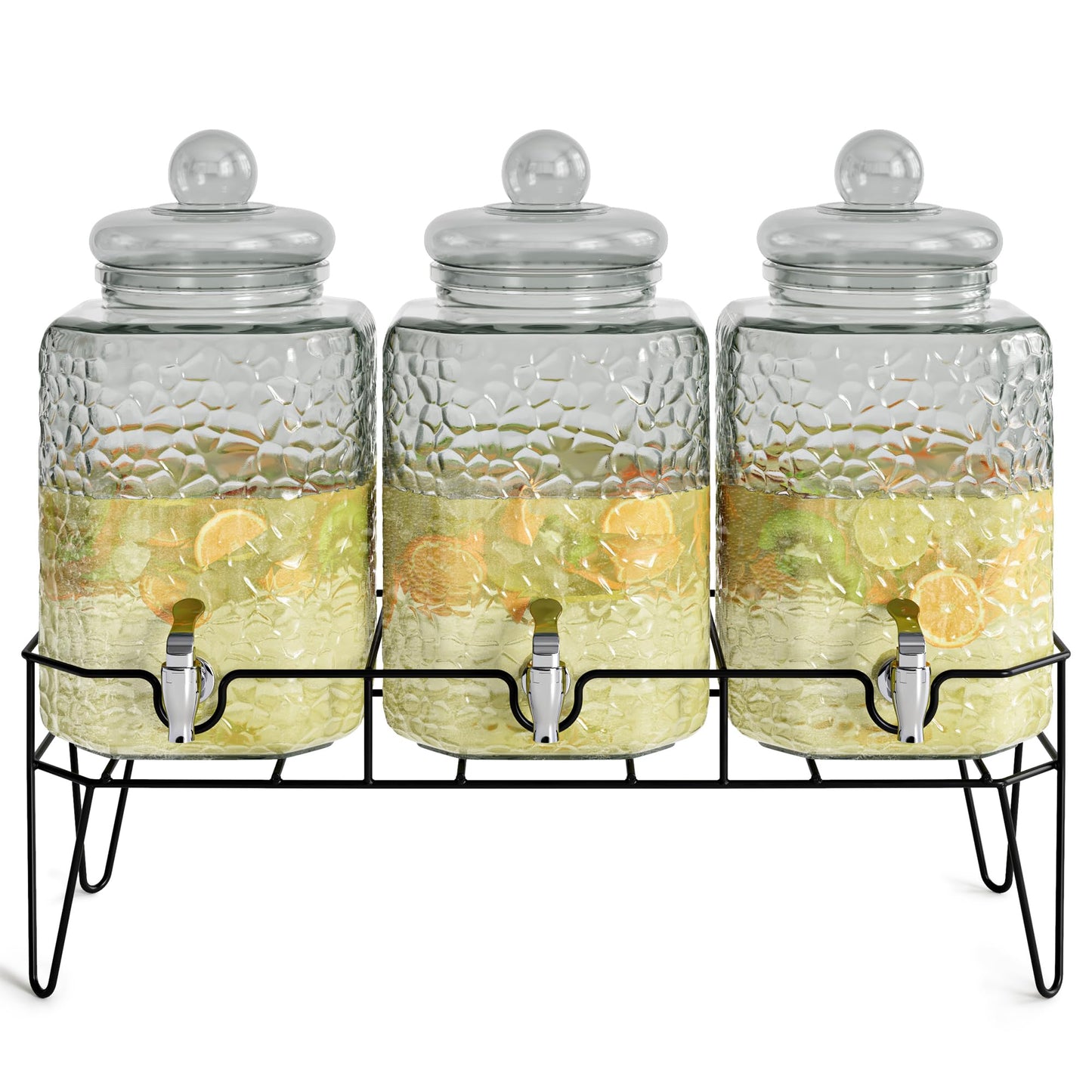 Style Setter Premium Glass Drink Dispensers with Metal Stand for Parties – Beverage Dispenser Set for Cold Drinks, Lemonade, Cocktails, Juice – Party Glass Drink Dispenser Station - 1.5 Gal, Set of 3