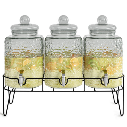 Style Setter Premium Glass Drink Dispensers with Metal Stand for Parties – Beverage Dispenser Set for Cold Drinks, Lemonade, Cocktails, Juice – Party Glass Drink Dispenser Station - 1.5 Gal, Set of 3