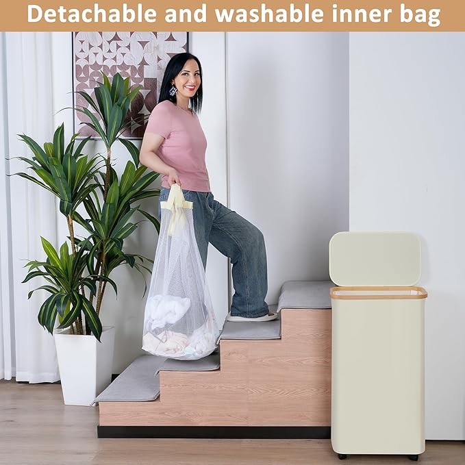 Laundry Hamper with Wheels,75L Laundry Basket with lid Rolling Clothes Basket Foldable Dirty Clothes Hamper on wheels with Bamboo Frame and Bag for Bedroom, Dorm, Laundry Room,Black(20 Gal)