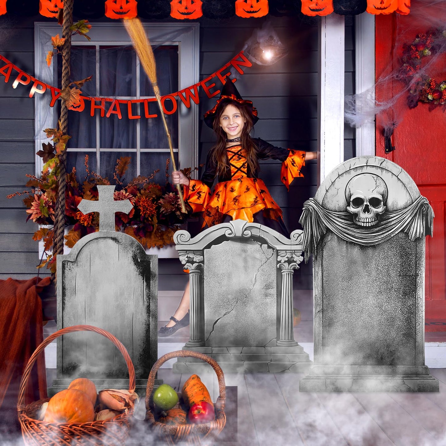 Leinuosen 3 Pcs 28"-48" Halloween Party Spooky Scenes Decoration Tombstone Cardboard Cutout Stand-up Spooky Tombstone Backdrop Photo Prop Standup Cutout for Halloween Party Yard Graveyard Decor Supply