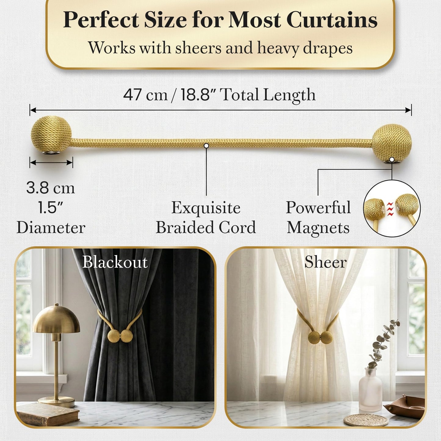 Magnetic Curtain Tiebacks 2 Pcs Curtain Holdbacks, Woven Tie Hold Back for Curtains, Stylish Decorative Holdbacks for Drapes, Gold