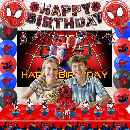 Spider Birthday Decorations, Party Supplies Set Include Banner, Backdrop, Balloons, Hanging Swirls, Cake Cupcake Toppers, Tablecloth for Boys Girls Spider Theme Party