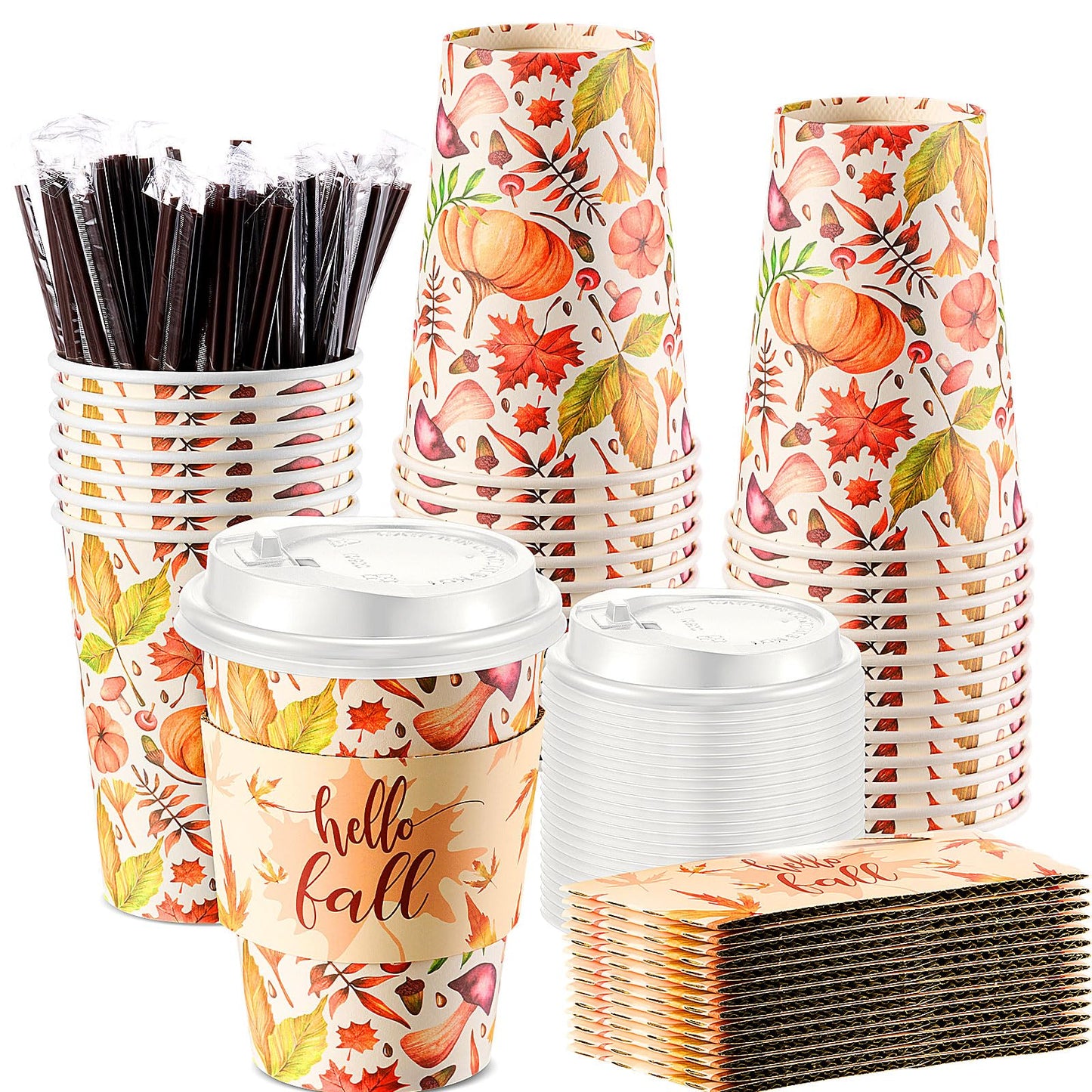 Pickmesh 50 Set Fall Disposable Coffee Cups Sets, 12oz Pumpkin Maple Leaves Thanksgiving Coffee Paper Drinking Cups with Lids, Sleeves and Stirrers for Autumn Fall Harvest Party Supplies