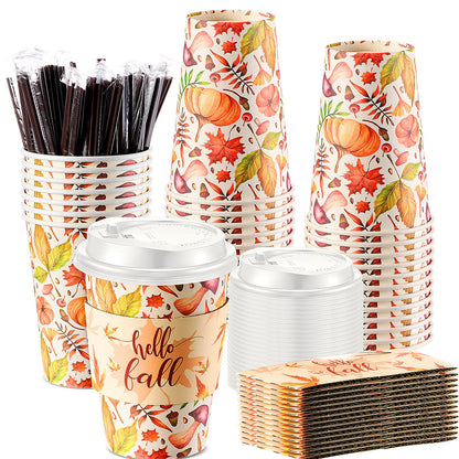 Pickmesh 50 Set Fall Disposable Coffee Cups Sets, 12oz Pumpkin Maple Leaves Thanksgiving Coffee Paper Drinking Cups with Lids, Sleeves and Stirrers for Autumn Fall Harvest Party Supplies
