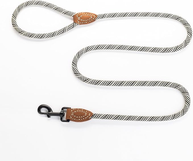 Mile High Life Rope Leash with Genuine Leather Connection, 6 FT/5 FT/4 FT, Heavy Duty Leash for Medium & Large Dogs (Black Beige, 72 Inch)