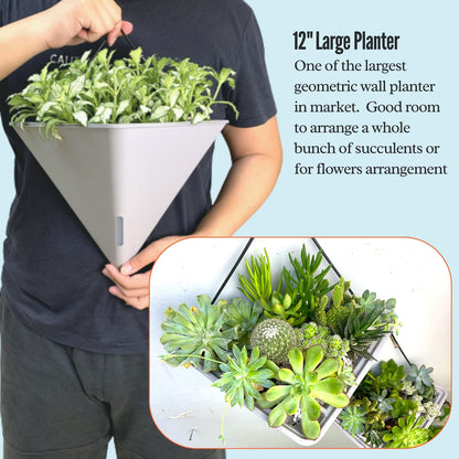 LaLaGreen Bundle - 12" x 4 Pack Black + 12" x 2 Pack Gray + 12" x 2 Pack White Large Self Watering Geometric Hanging Flower Vase Vessel with Metal Hanger, Modern Stylish Wall Mounted Succulents Pots