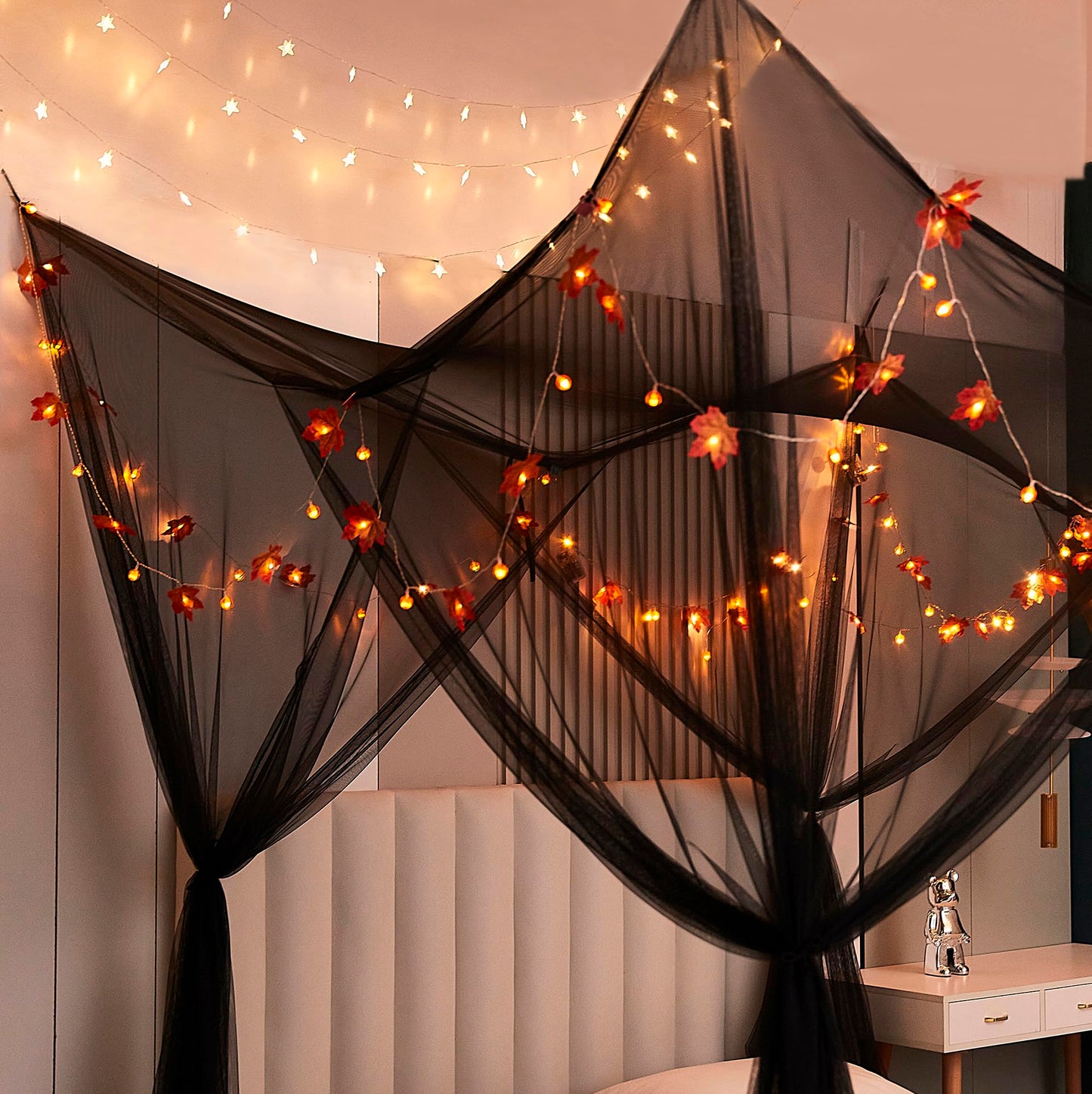 Mengersi Bed Canopy with Lights,Maple Leaf Pumpkin Canopy Bed Curtains Mosquito net,Halloween Theme Party Supplies Festival Decor,Black