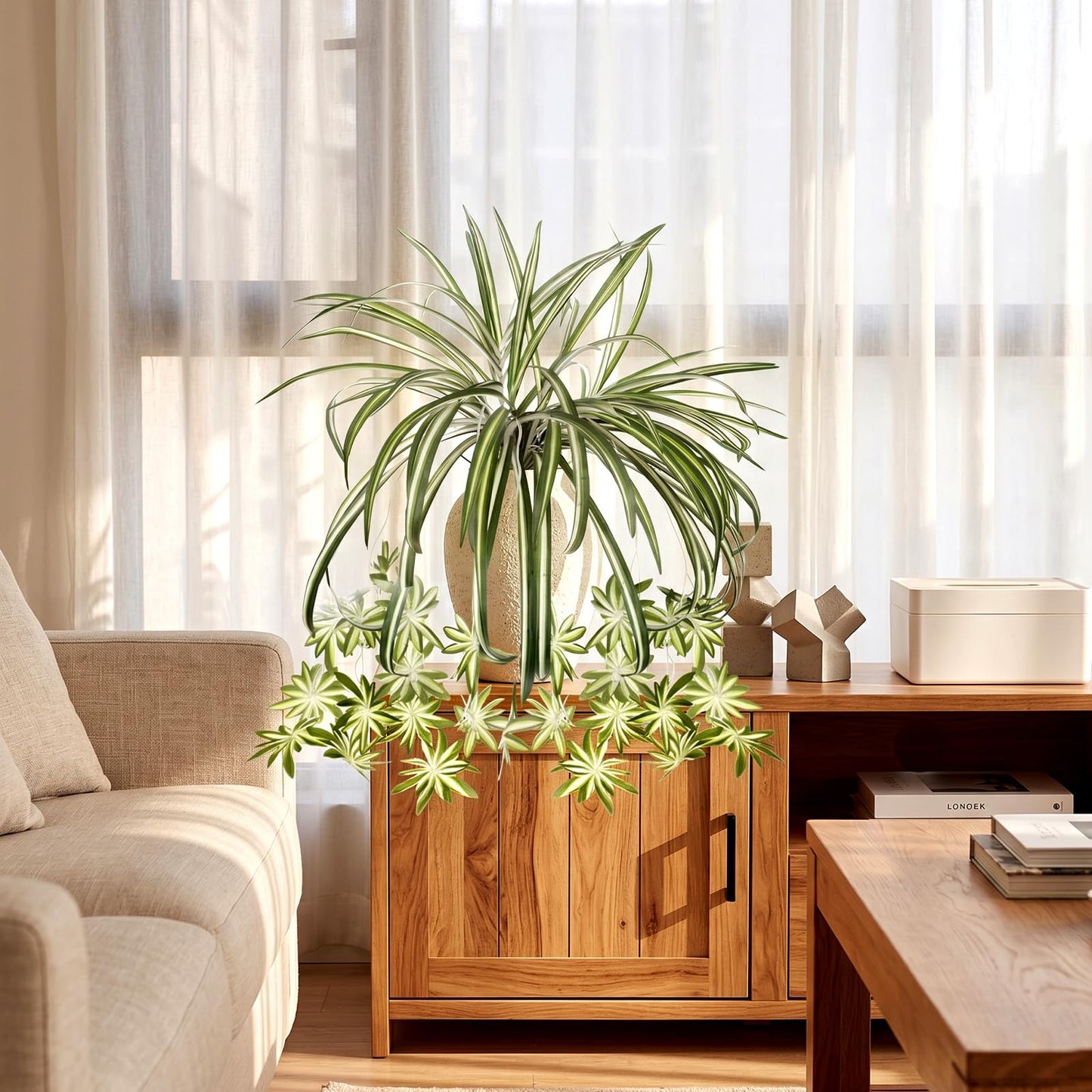 Zelphvt 2 Packs Artificial Spider Plant, 24 Inch Fake Hanging Greenery Plant UV Resistant Faux Chlorophytum Comosum Silk Spider Plants for Indoor Outdoor Home Garden Office Decor (Pot Not Included)