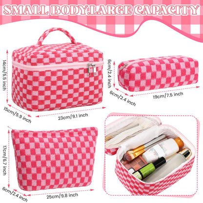 Gilprop 3 Pcs Knit Checkered Makeup Bags Zipper Cosmetic Bag for Purse Large Travel Toiletry Bag Organizer Portable Accessory Pouch Brush Bags Pencil Case for Women (Hot Pink)