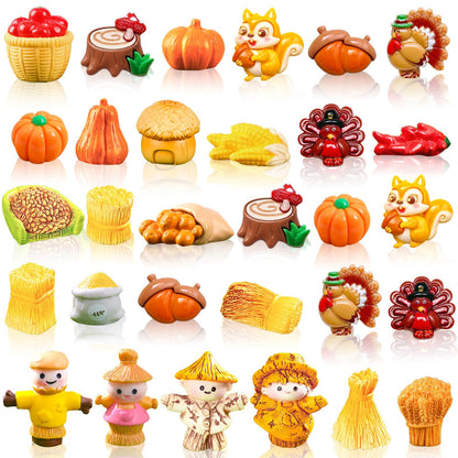 Bbiamsleep 30 Pcs Thanksgiving Mini Figurines Miniature Resin Fall Autumn Pumpkins Scarecrow Turkey for Autumn Home Table Tray Harvest Thanksgiving Decorations