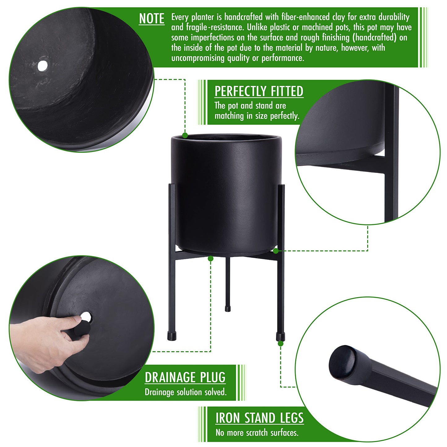 D'vine Dev Modern Black Plants Pot Cylinder Planter with Heavy Duty Stand, Small 8 Inch Pot, 12.6 Inch with Stand Height, 96-T-B-1