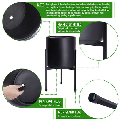 D'vine Dev Modern Black Plants Pot Cylinder Planter with Heavy Duty Stand, Small 8 Inch Pot, 12.6 Inch with Stand Height, 96-T-B-1