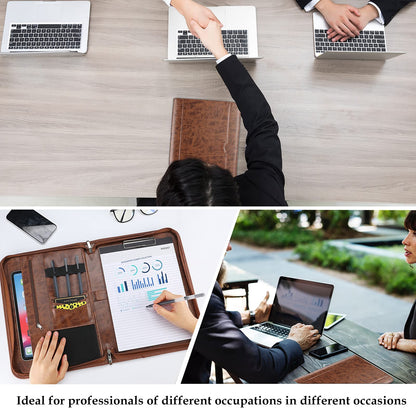 ProCase Portfolio Business Padfolio Folder with Zipper, Conference Meeting Executive File Legal Document Organizer with Pockets Letter Size A4 Writing Pad Notepad Padfolio -Brown