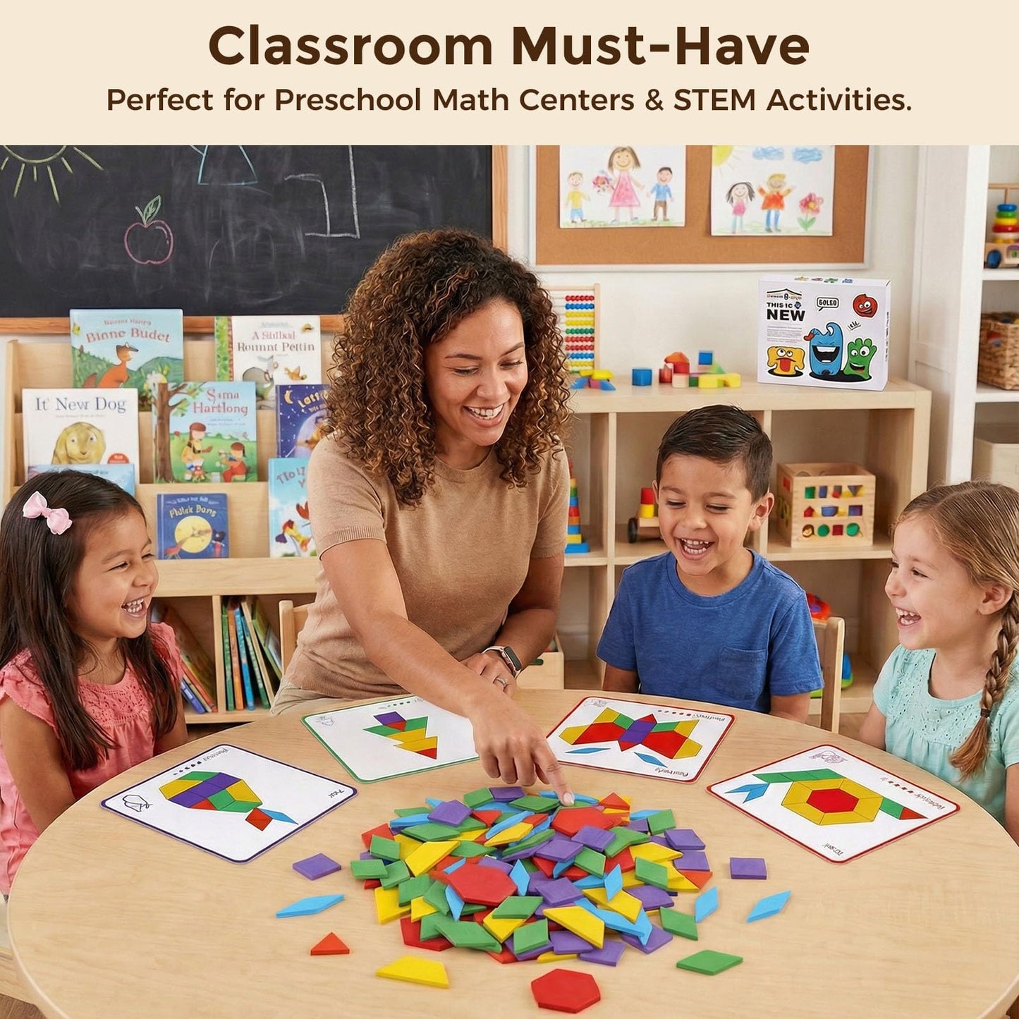 LovesTown Wooden Pattern Blocks Set for Kids, Geometric Shapes with Learning Cards, 150 PCS Educational Puzzle Toy