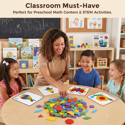 LovesTown Wooden Pattern Blocks Set for Kids, Geometric Shapes with Learning Cards, 150 PCS Educational Puzzle Toy
