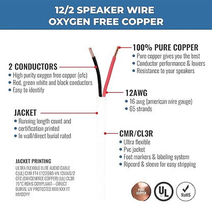 Elite 12/2 Speaker Wire 100ft, UL Listed, CMR/CL3R, (Riser/in-Wall & Outdoor/In-Ground (Direct Burial)- 100% Oxygen Free Pure Bare Copper (OFC), 12AWG/2-Conductor, 100ft Bulk Cable (65 Strands) White