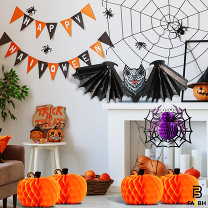 Halloween Swirls and Honeycombs - Pack of 61 | Halloween Centerpieces for Tables, Hanging Decorations, Hanging bat