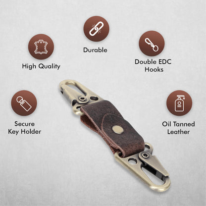 TheAntiq Genuine Leather Car Keychain - Handmade Key Holder with Dual Metal Clips, Durable Key Organizer for Car Keys, Belt, Bag & Everyday Carry (Brown)
