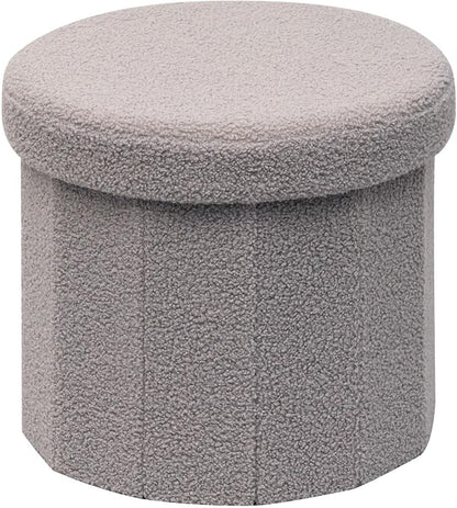 B FSOBEIIALEO Storage Ottoman Cube, Round Ottomans with Storage Foot Stool Footrest for Lving Room, Boucle Ottoman Seat for Dorm Room,Faux Teddy Fur, Grey 15"x15"x13.19"