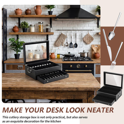 DoubleFill 2 Layer Leather Silverware Storage Box with Lid and Handles, Anti Tarnish Silverware Storage Chest Case with Felt-lined for 12-16 or More Sets of Utensils Flatware Gifts, 15.3x11.2x5.7 Inch