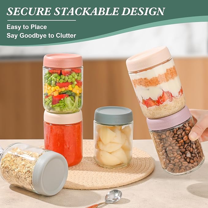 Xileanalee Overnight Oats Containers with Lids 6 Pack-16 Oz Mason Jar with Lids-Overnight Oats Jars Glass Food Storage Containers for Chia Seed Pudding Salad Cereal Coffee Spices