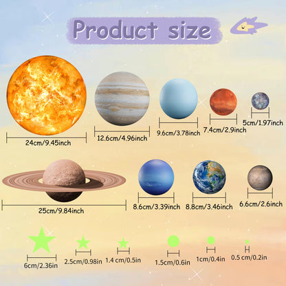Glow in The Dark Stars Solar System Wall Stickers, Sun and 8 Major Planets Wall Decals for Bedroom, Baby Nursery Decoration for Ceiling (Green)