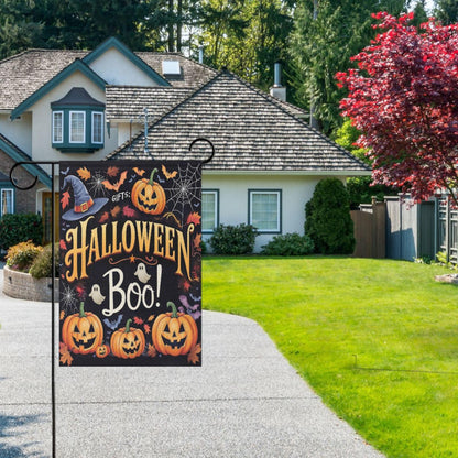 Halloween Ghost Boo House Flag 28x40 Inch Double Sided Outside Witch Bat Pumpkin Spider Web Fall Seasonal Yard Outdoor Flag Banner for Garden Lawn Patio Holiday Decorations