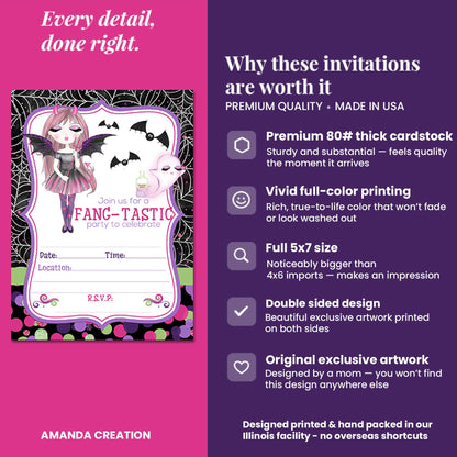 Fang-tastic Vampire Girl Halloween Theme 20 Birthday Invitations 5x7 Fill-In Cards with Envelopes, Kids Party Stationery Set, Cute Ghost Bat Polka Dot Spider Web Design, Made in USA by Amanda Creation