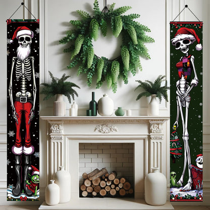 Saoplasa 2PCS Christmas Skeleton Porch Banner Decorations 71 x 12 Inch Holiday Skeleton Couple Front Door Hanging Sign Santa Hat Red Green Outfit Outdoor Wall Decor for Winter Party Yard Entrance