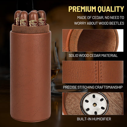 Premium Brown Cylindrical Cigar Humidor with Hygrometer and Cedar Wood Lining, Sealed Portable Leather Cigar Humidifier for Travel Cigar Case and Home Use Father's Day, boyfriends，Christmas