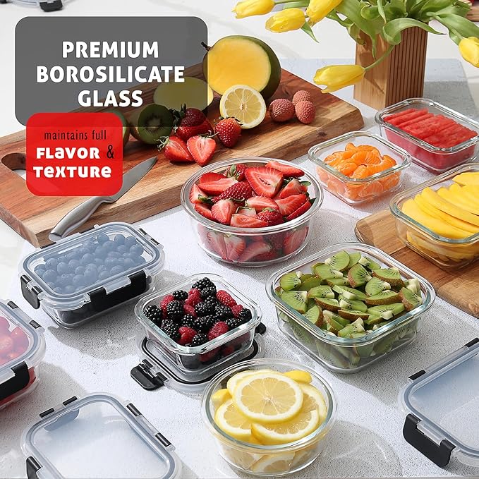 Nestl 24pc Glass Storage Containers with Lids, 12 Glass Food Storage Containers with 12 Airtight Lids for Pantry & Kitchen, Meal Prep Containers for Lunch, Oven Microwave & Dishwasher Safe, Black