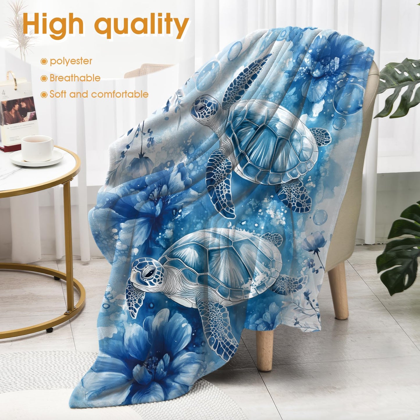 Hohoto Sea Turtle Floral Blanket Blue Flowers Ocean Gifts for Women Kids Girls Birthday Christmas Halloween Mother's Day Mom Wife Sisters Female Friends Presents Colorful Throw 60"x80"